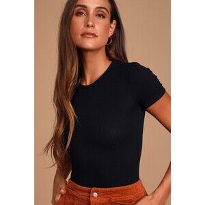 Lulus Basics Kinship Black Ribbed Bodysuit - Size M